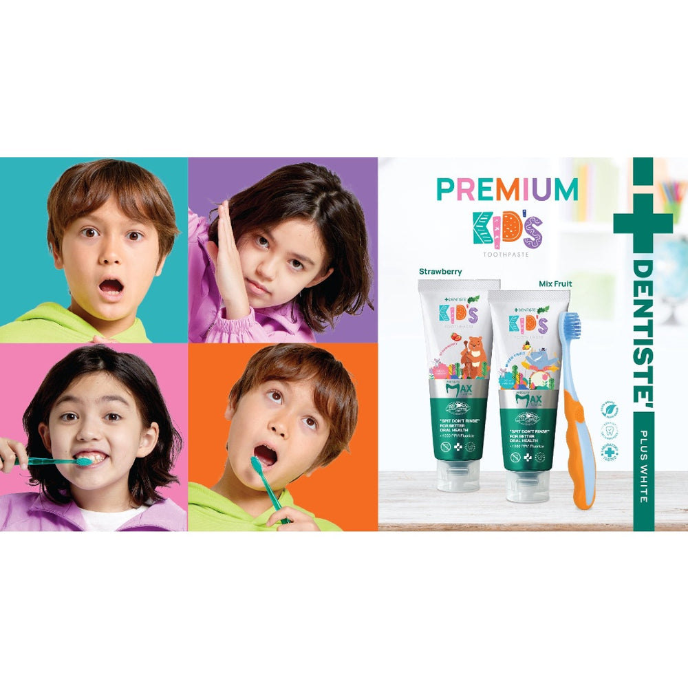 Dentiste Premium Kids Set สำหรับเด็ก 2-6 ปี ยาสีฟันแปรงแห้งเด็ก สูตร Strawberry 60g. + แปรงสีฟันเด็ก ขนแปรงนุ่มพิเศษ