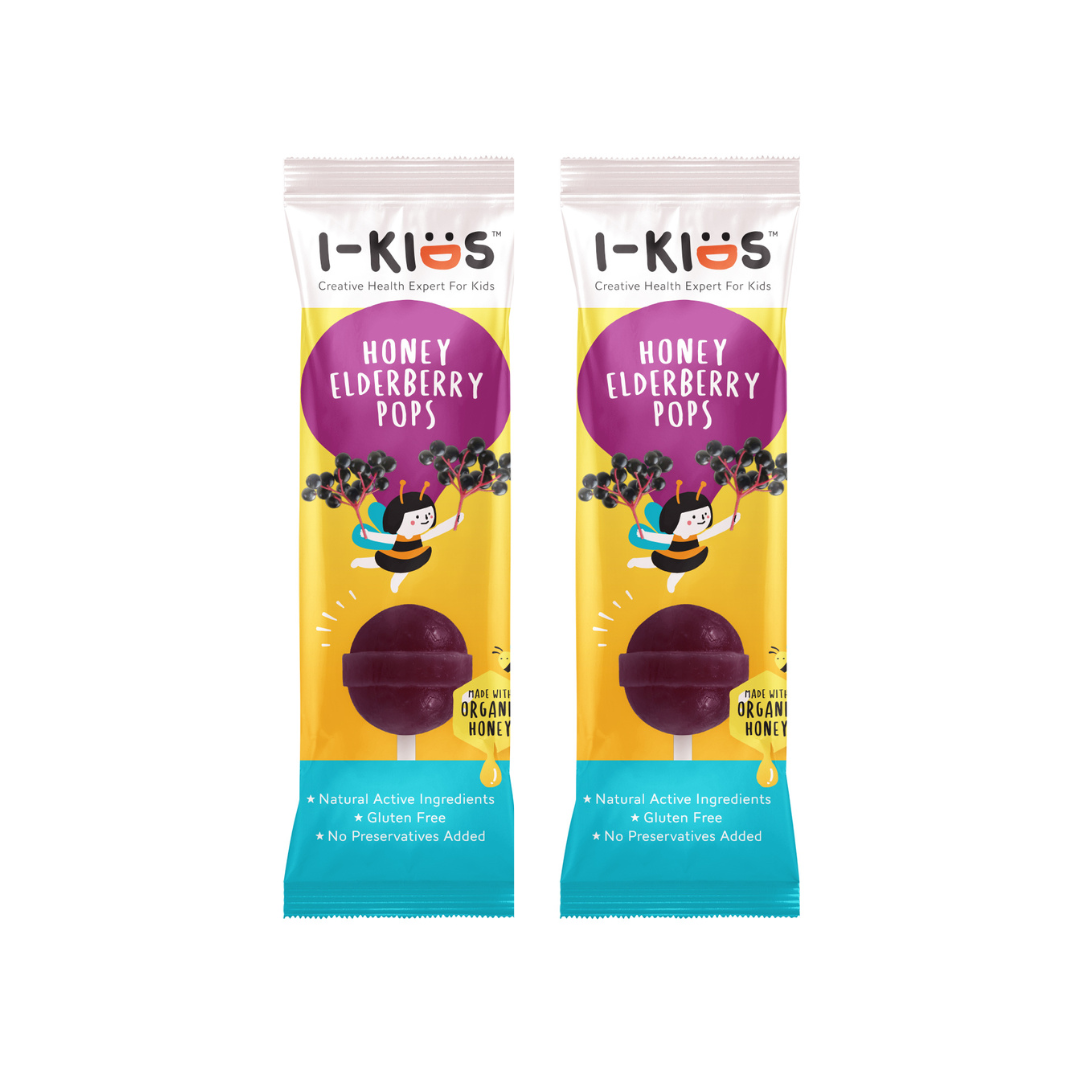 (Pack 2) I-Kids Honey Elderberry Pops ไอ-คิดส์ ป๊อปส์ ลูกอม ผสม วิตามินสำหรับเด็ก 10 g. (เอลเดอร์เบอร์รี่)