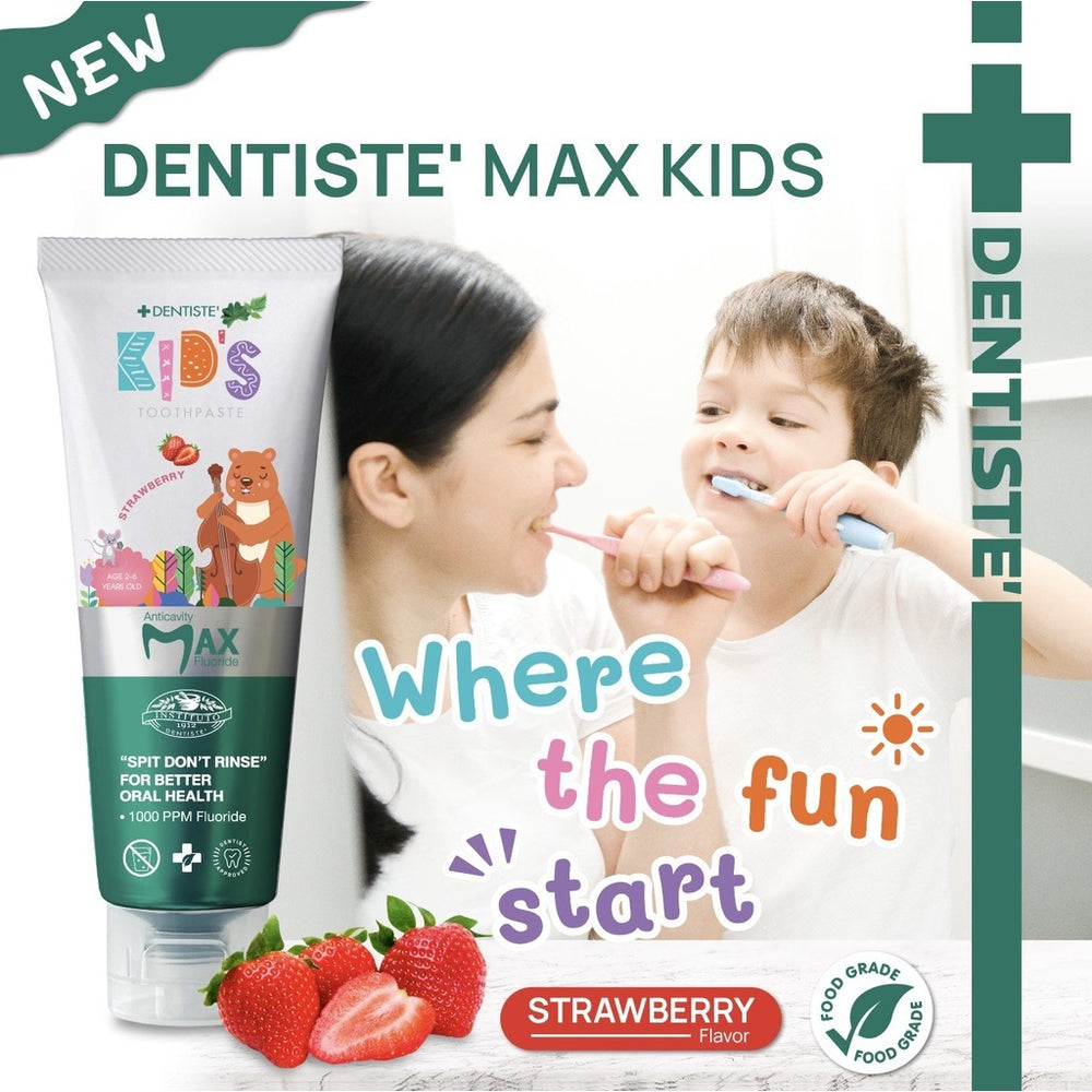 Dentiste Premium Kids Set สำหรับเด็ก 2-6 ปี ยาสีฟันแปรงแห้งเด็ก สูตร Strawberry 60g. + แปรงสีฟันเด็ก ขนแปรงนุ่มพิเศษ