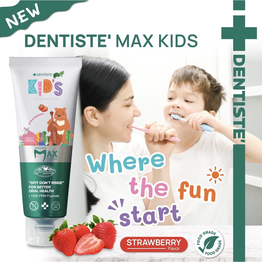 Dentiste Premium Kids Set สำหรับเด็ก 2-6 ปี ยาสีฟันแปรงแห้งเด็ก สูตร Strawberry 60g. + แปรงสีฟันเด็ก ขนแปรงนุ่มพิเศษ